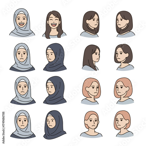Diverse group of women with different hairstyles and headscarves showing various emotions.