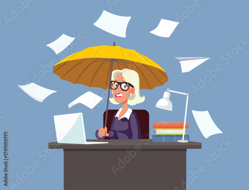Vector Woman in a Rain of Papers Tired of Bureaucracy. Unhappy businesswoman annoyed by her disorganized office full of flying documents 
