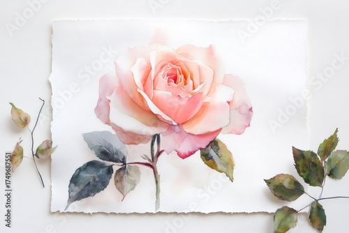 Hand painted single pink rose blooming on textured paper, creating a graceful botanical illustration in a minimalist style