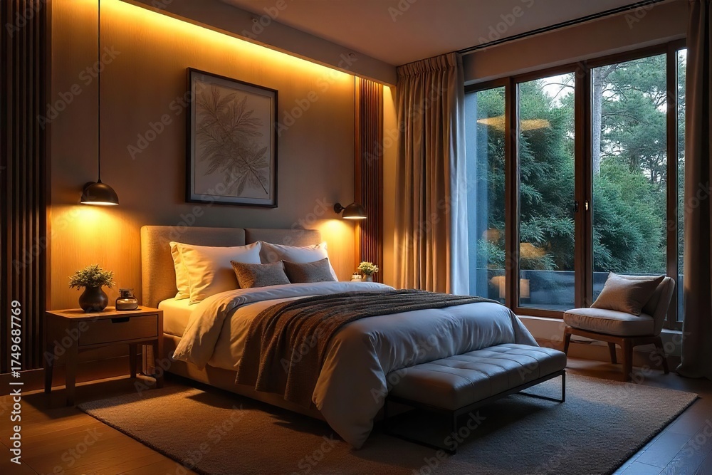 Fototapeta premium Serene Master Bedroom Soft Warm Lighting Creates a Relaxing and Inviting Atmosphere Perfect for Restful Sleep. Subtle Illumination Highlights Textures and Details.
