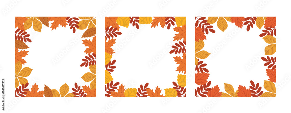 Fototapeta premium Set of square frames with autumn leaves. Decorative frames for fall seasonal designs. Empty frames for postcards, invitations, social media. Flat style vector illustrations