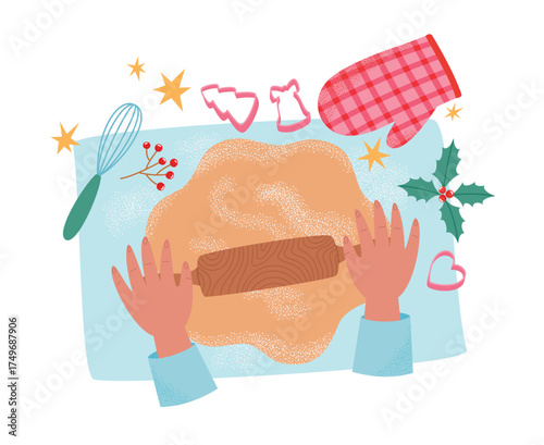 Christmas cooking. Rolling out cookie dough. Making Christmas gingerbread cookies top view. Homemade holiday bakery. Vector illustration in flat style