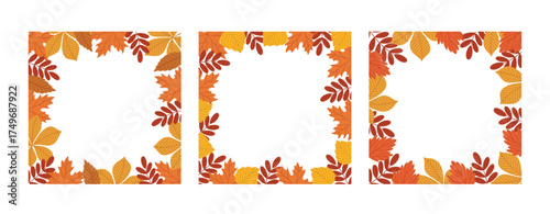 Set of square frames with autumn leaves. Decorative frames for fall seasonal designs. Empty frames for postcards, invitations, social media. Flat style vector illustrations