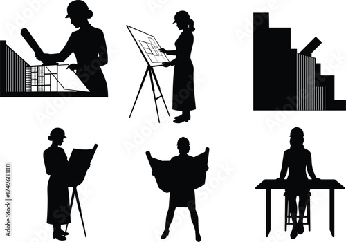 Architect engineer silhouettes with hard hats reviewing blueprints, drafting plans, construction teamwork, cityscape design, technical drawing, professional planning illustration vector