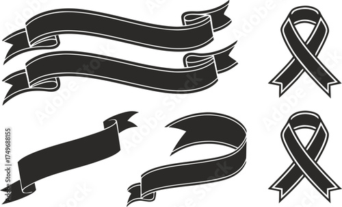 Ribbon banner set. Simple ribbons. Various black ribbon banner silhouettes. Includes multiple styles such as straight, curved, wavy, and folded ribbons with pointed ends.