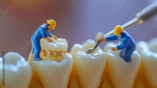 Miniature dental work team restoring teeth, illustrating oral care and hygiene meticulously