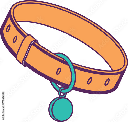 Vector art of orange pet collar with a teal tag