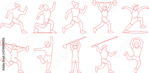 Outlined Athletes Performing Various Sports, Including Running, Weightlifting, Javelin Throwing, and Hammer Throw
