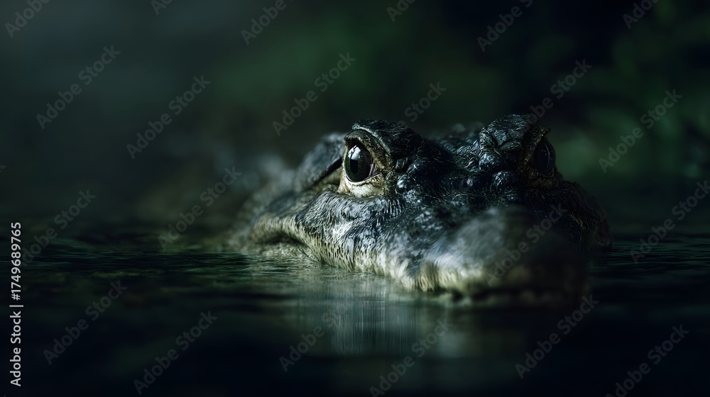 Fototapeta premium Close up of an alligator s head emerging from dark murky swamp water with intense eyes