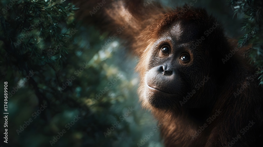 Obraz premium A young orangutan with curious eyes looks out from the dense lush canopy of a vibrant tropical rainforest bathed in natural light