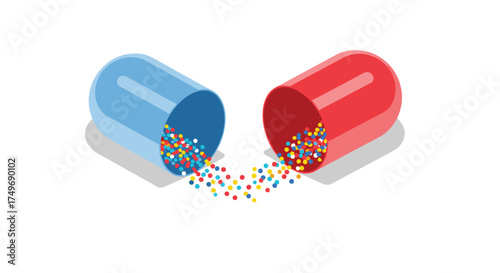 A close up of colorful tiny pills spilling out from a giant open capsule on a white background.