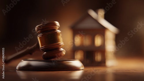 A gavel rests on a wooden base, with a blurred house silhouette in the background, symbolizing justice and legal matters in real estate.