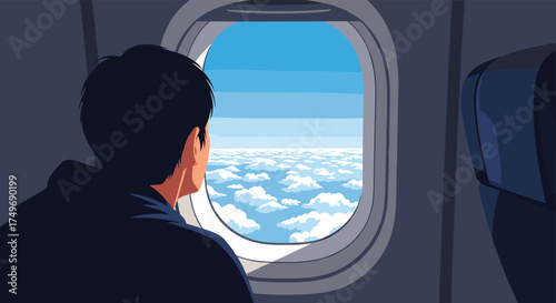 A person looks out the airplane window at the vast sky full of clouds.
