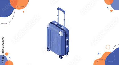 A modern blue suitcase stands upright on its wheels ready for travel adventures.