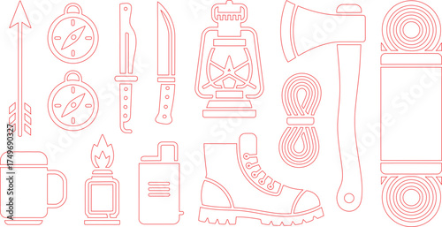 Outlined Hiking Gear Compass, Knife, Lantern, Axe, Rope, Boot, and Other Camping Equipment