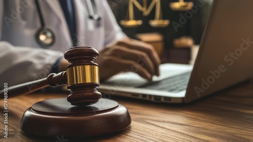 Medico-legal Implications: A Doctor Typing on a Laptop with a Gavel in View highlighting