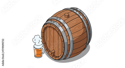 A cartoon wooden barrel with a foamy beer mug beside it on a white background.