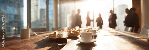 A bright meeting room setting with a wooden table, coffee cups, and snacks, as professionals engage in conversation against a sunlit backdrop.