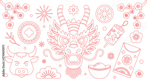 Outlined Red Lunar New Year Symbols Featuring Dragon, Ox, Blossoms, Coins and Red Envelope