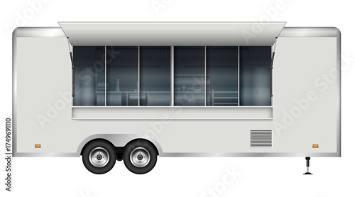 Realistic vector mockup of a modern white food truck with its service window open, revealing a kitchen interior. Perfect for menus, ads, or business branding, corporate identity.