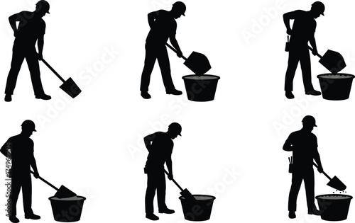 Construction worker silhouette shoveling material into container with hard hat, industrial labor posture sequence, manual work process vector illustration