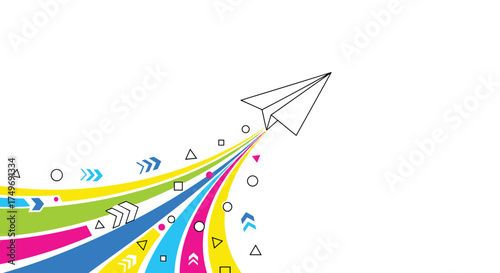 A colorful paper airplane soars through the sky leaving a trail of bright abstract shapes behind it.