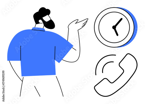 Man gesturing with hand near clock and phone. Ideal for communication, time management, scheduling, productivity, customer support, business interaction, work-life balance. Simple flat metaphor