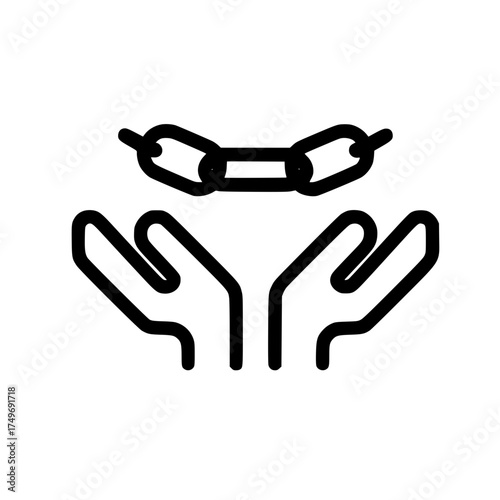 Abstract chain emblem above two open hands symbolizing teamwork resilience and trust