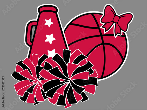 Chicago Basketball and Red and Black Cheerleader Pom-Poms and Megaphone. BULLS Cheerleading illustration.