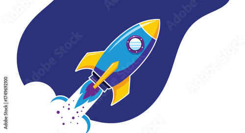Illustration of a bright blue and yellow rocket blasting off into space.
