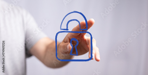 A person's hand interacts with a blue digital open padlock icon, symbolizing concepts of online security, unrestricted access, and data privacy.