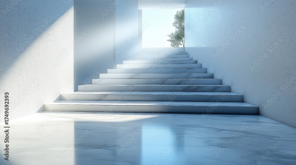 Fototapeta premium Ascending marble steps lead to light, framed by white walls, a glimpse of a tree outdoors