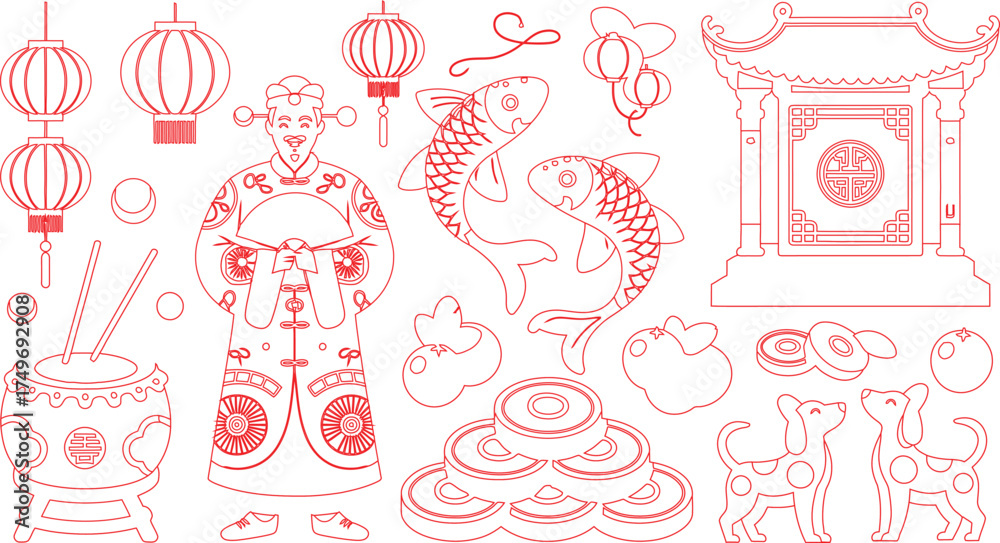 Fototapeta premium Red Line Art Chinese New Year Symbols, Drum, Lanterns, Mandarin Figure, Koi Fish, and Lucky Coins