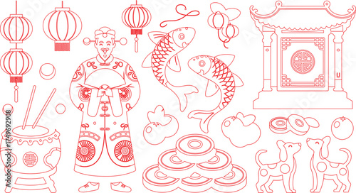 Red Line Art Chinese New Year Symbols, Drum, Lanterns, Mandarin Figure, Koi Fish, and Lucky Coins