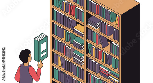 A person is looking for a book in a large library with many shelves.