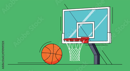 An orange basketball is about to go through a basketball hoop with a clear backboard on a green background.