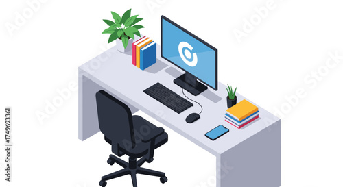 A clean and organized home office setup with a computer and chair.