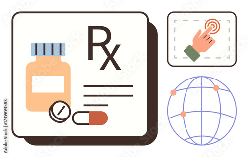 Medicine bottle, pills, RX sign, touchscreen tab, and connected globe highlight healthcare access, e-prescription, global communication, telemedicine, digital solutions remote care prescription