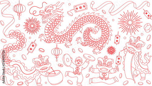 Red Line Art of Chinese New Year Dragon Dance, Lanterns, Firecrackers, and People
