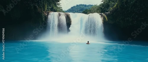 Majestic waterfall cascading into crystal clear waters surrounded by lush foliage, a natural