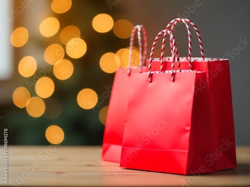 two vibrant red shopping bags with festive, patterned linings, set against a backdrop of blurred, warm-toned bokeh lights christmas