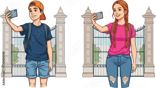 Youth taking selfies in front of ornate gate, casual fashion, modern behavior, historic architecture, outdoor scene, smartphone culture, urban lifestyle