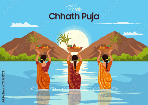 Chhath Puja ceremony vector – Indian women in saree standing in river with traditional baskets
