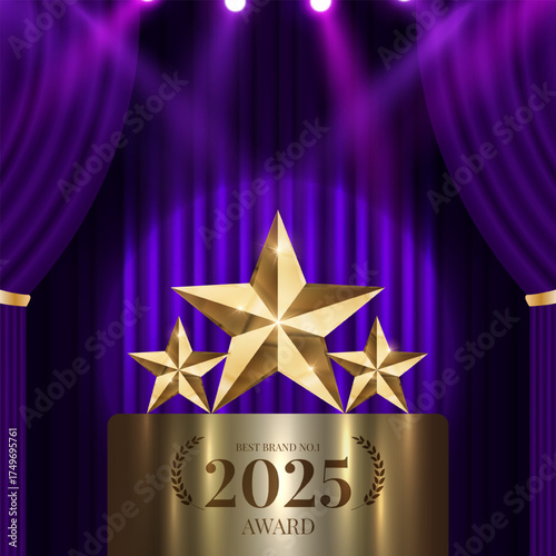 Best company of the year award with spotlight and curtains background. Best Award gold laurel wreath badge logo design tree star vector illustration isolated on different backgrounds.