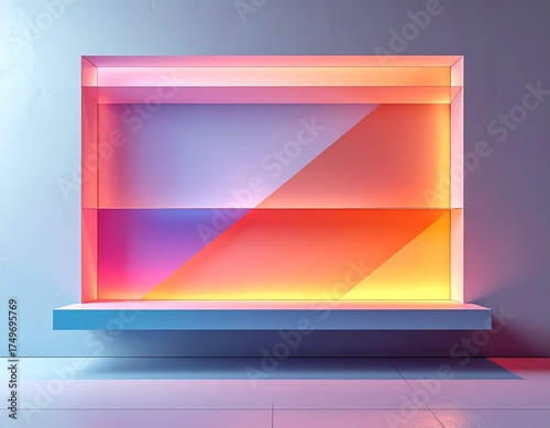 Abstract Illuminated Shelf Display: A minimalist shelf display casts colorful hues across the surface, creating an elegant backdrop for displaying products or art. A study in light and design.