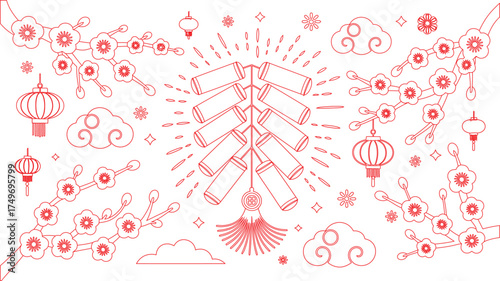 Red Outline Chinese New Year Design with Firecrackers, Lanterns, Plum Blossoms, and Clouds