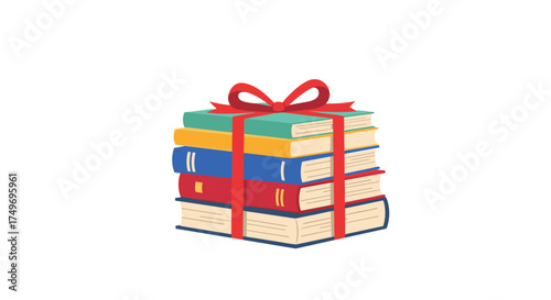 A stack of books is tied with a red ribbon like a present.