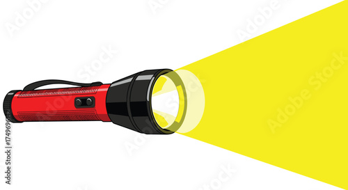 A red flashlight illuminates a bright yellow beam in the darkness.