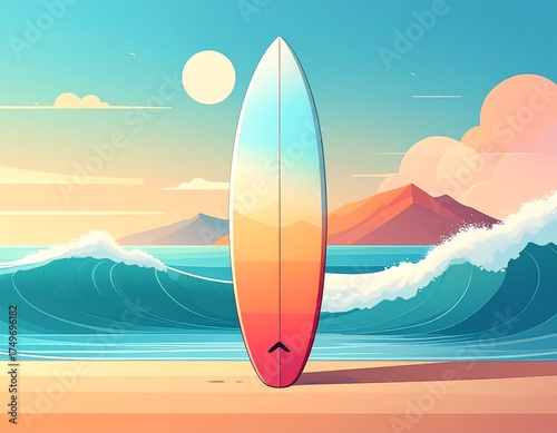 Surf's Up: A vibrant surfboard stands proudly on a sandy beach, against a backdrop of rolling ocean waves and a brilliant sun. A perfect scene of water sport and summer fun.