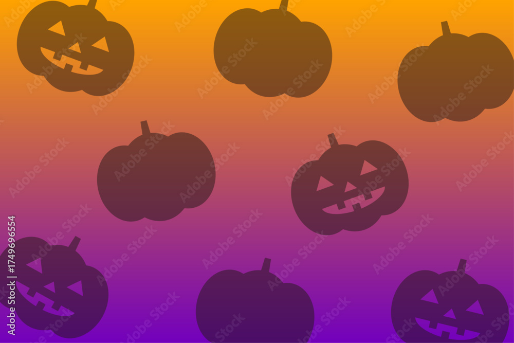Fototapeta premium オレンジと紫のグラデーションにジャックオーランタンが並ぶハロウィン背景イラスト